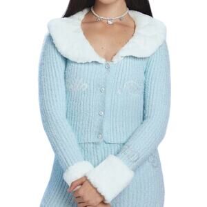 Forever 21 Hello Kitty Blue White Embroidered Faux Fur Crop Cardigan Sweater M